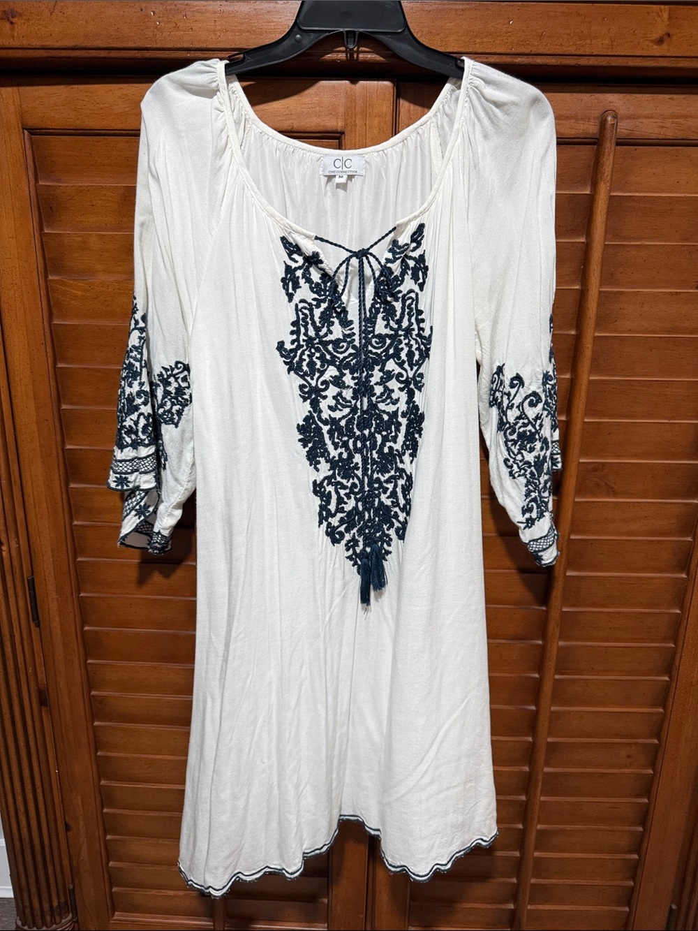 C&C California White Tunic with Navy Embroidered Front and Tassel Tie